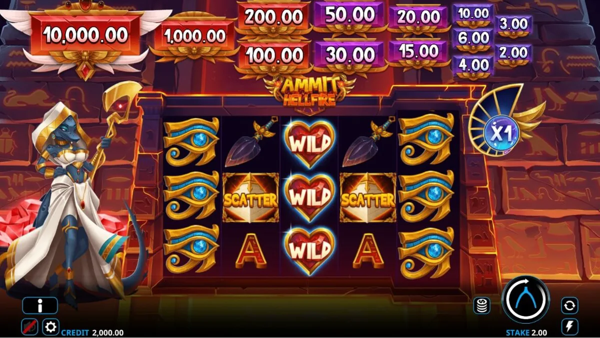 Tampilan visual slot Ammit Hellfire dengan karakter dewi Mesir yang ikonik
