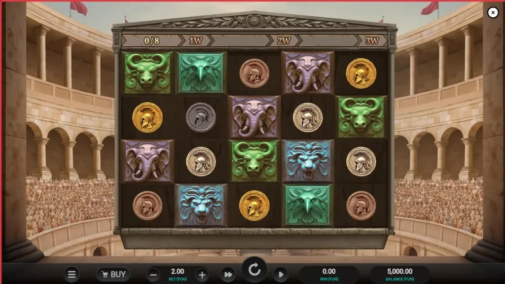 Arena of Fortune slot machine interface featuring gladiator theme