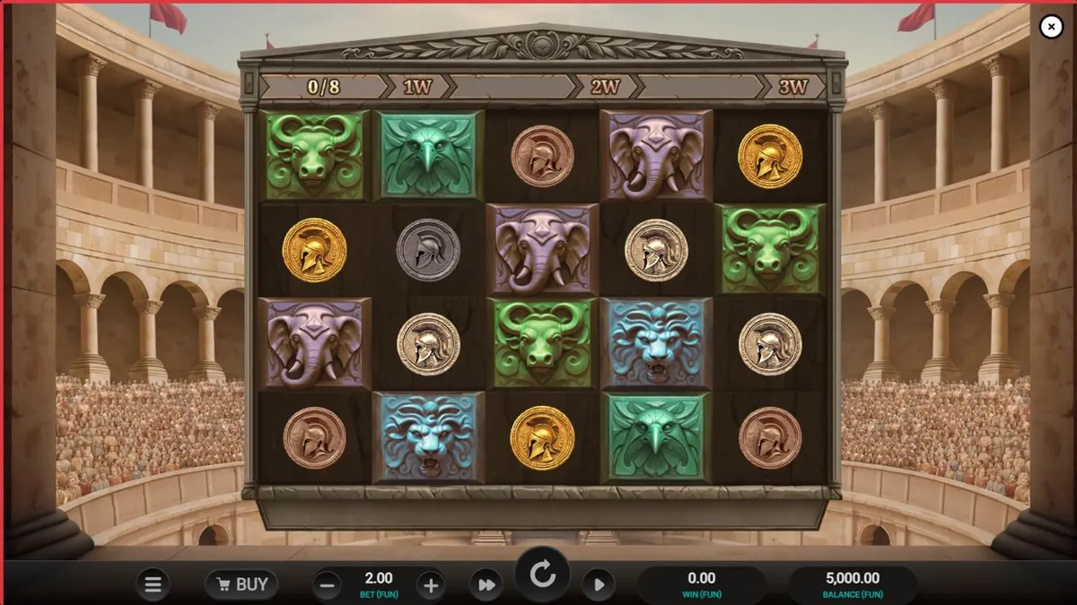 Arena of Fortune slot machine interface featuring gladiator theme